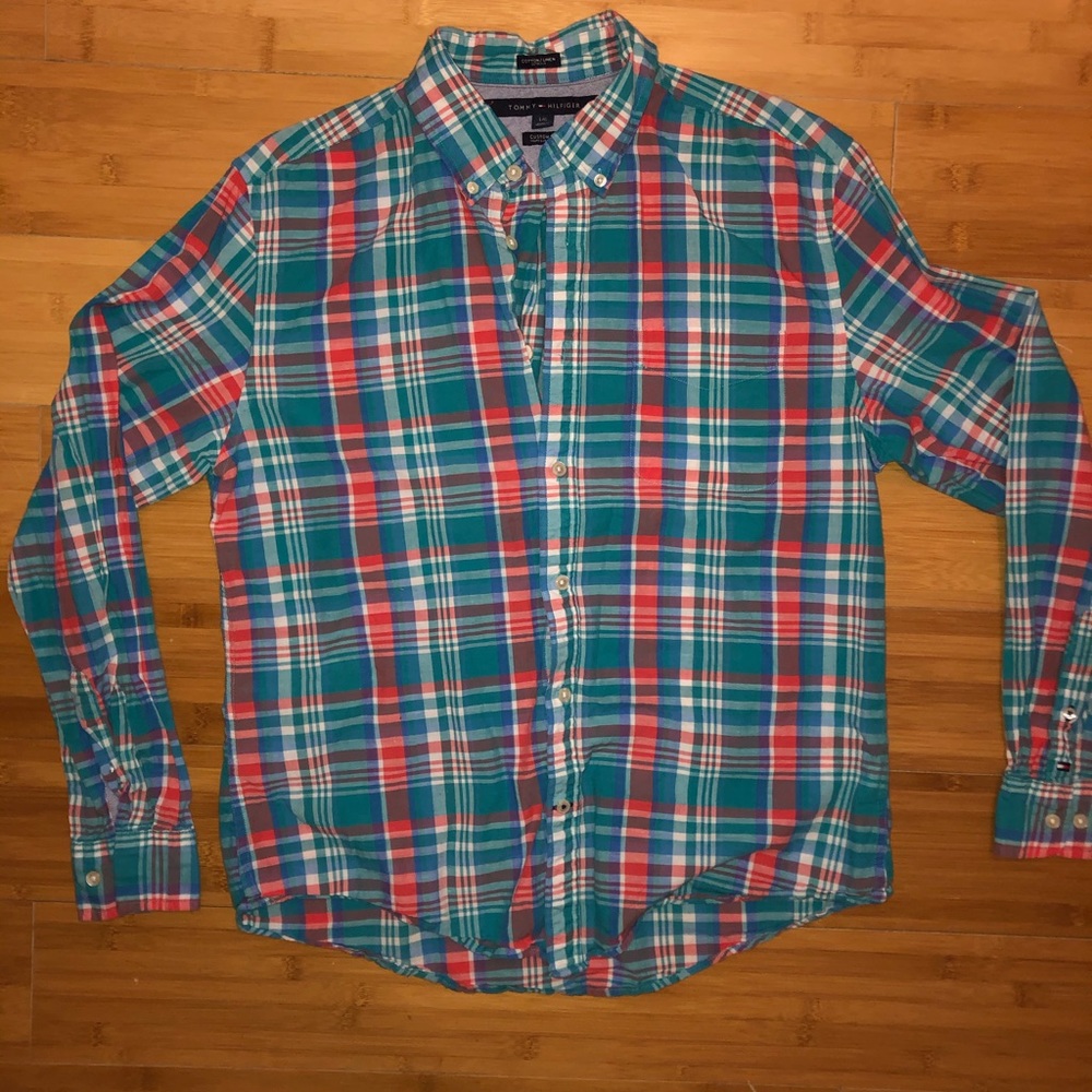 Tommy Hilfiger Blue and Salmon Plaid Button Up. L